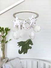 Dragon Baby Mobile, Green Dragon Nursery Decor, Baby Shower Gift, Boucle Clouds