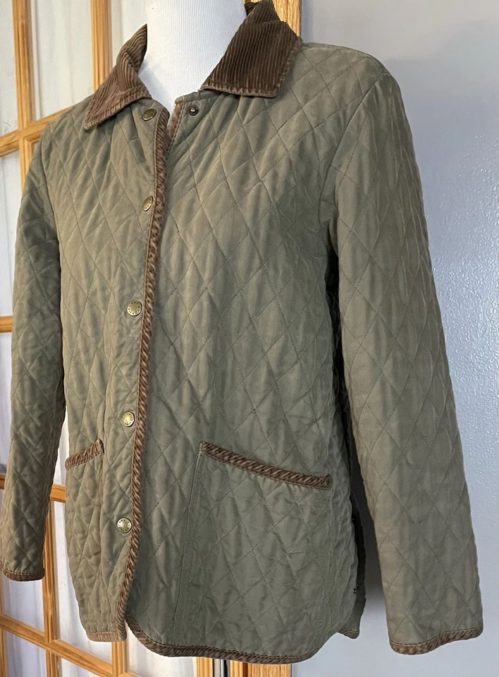 Chaqueta de Granero Orvis Acolchada Años 70 para Mujer M Oliva Pana Borde Botones Country Foto 2 de 4