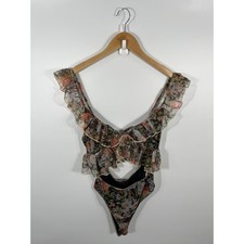 Womens Babydoll Bodysuit L Multicolor Floral Sheer Ruffle Concert Festival Rave