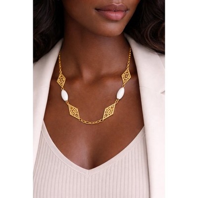 Gold Tone Filigree Link Necklace White Stone Accents Minimal Elegant Style