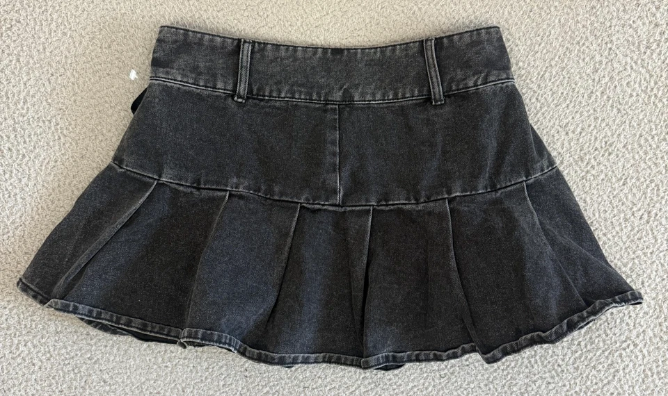 Social Collision Skirt Medium Black Denim Pleated Mini Lace Up Y2K Goth - Image 2 of 4