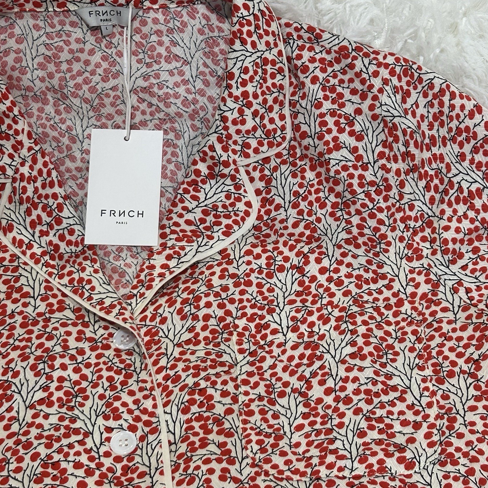 NEW FRNCH Paris Tie Waist Shirt Size L Red And  White 