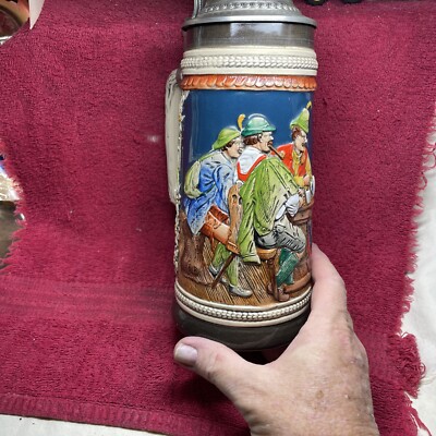 Vintage WesterGermany Beer Stein Lidded Mug Men Woman & Guitar Behut Aug Der Alm