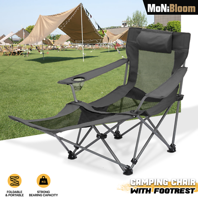 Folding Lounge Beach Chair Portable Camping Reclining Breathable Seat  w/Footrest