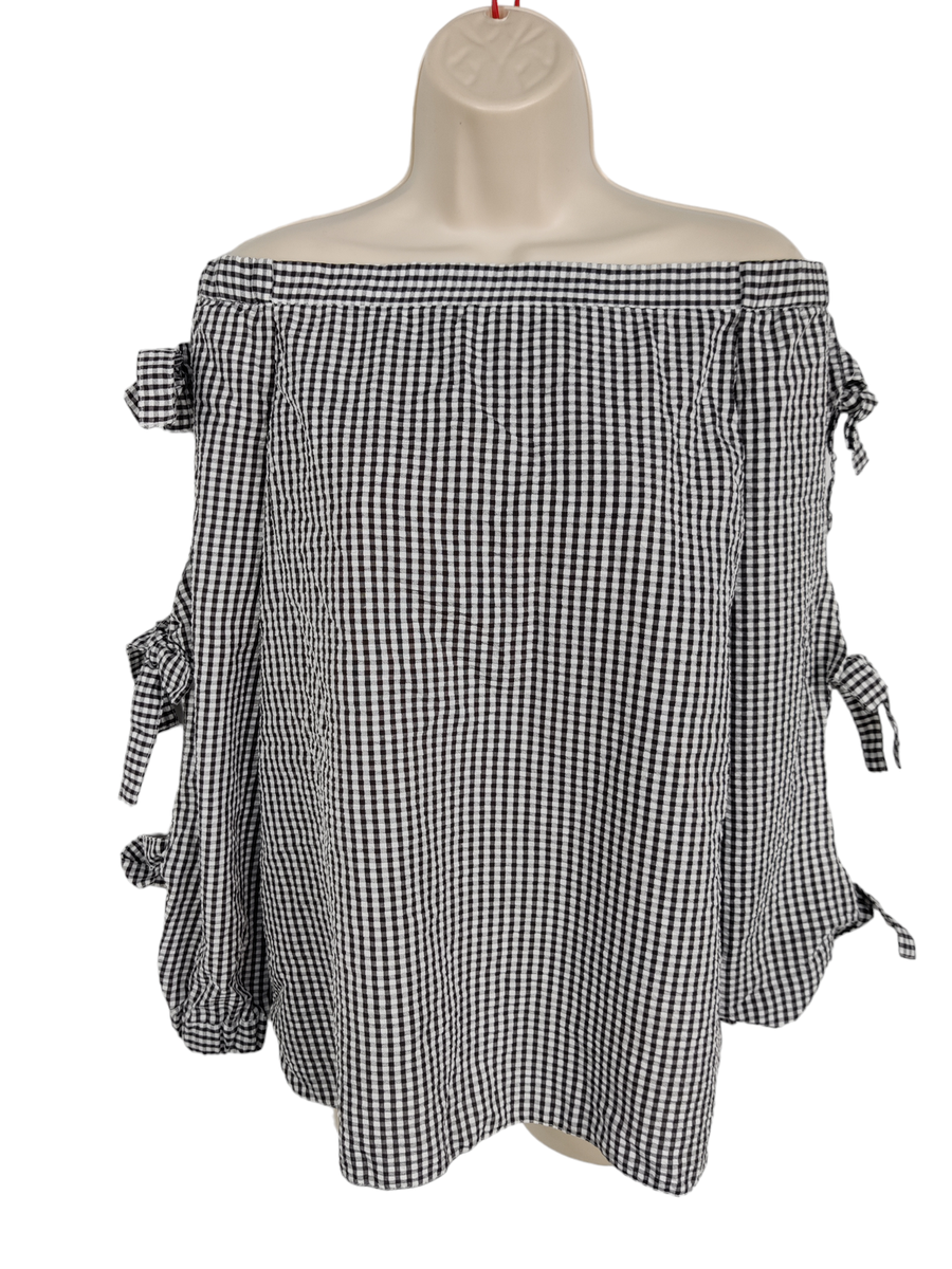 BNWT WOMEN'S RIVER ISLAND UK 10 BLACK GINGHAM OFF SHOULDER TIE SLEEVE  BLOUSE TOP