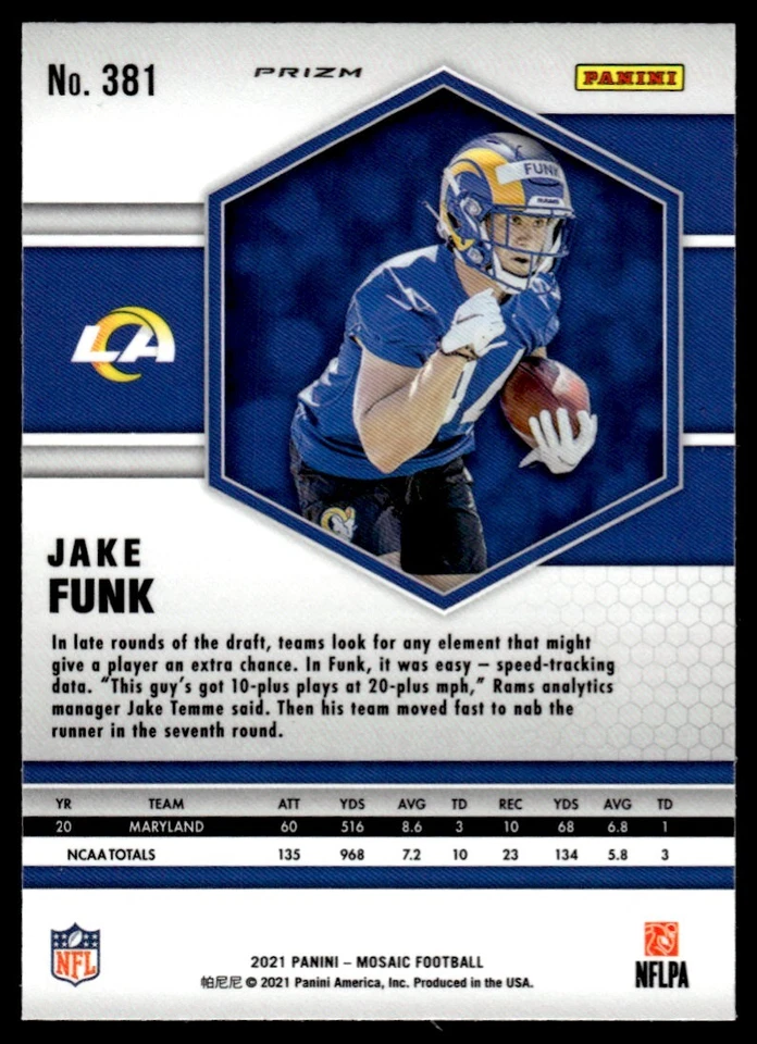 2021 Panini Mosaic GREEN Jake Funk Rookie Los Angeles Rams #381 - Image 2 of 2
