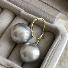 Perfect Round AAA Silver Gray Real Natural South Sea Pearl Dangle Hook Earrings