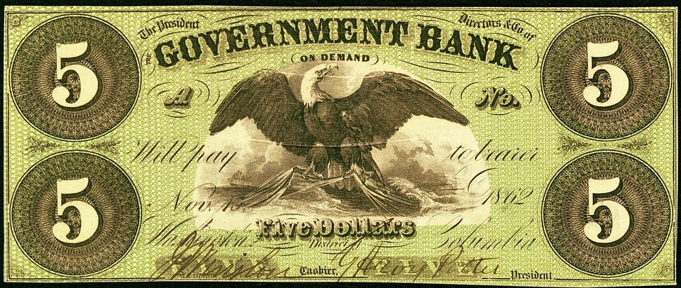 DC $5 WASHINGTON The Government Bank Nov. 15, 1862 PMG 53 AU Haxby DC-255 G6 - Image 3 of 4
