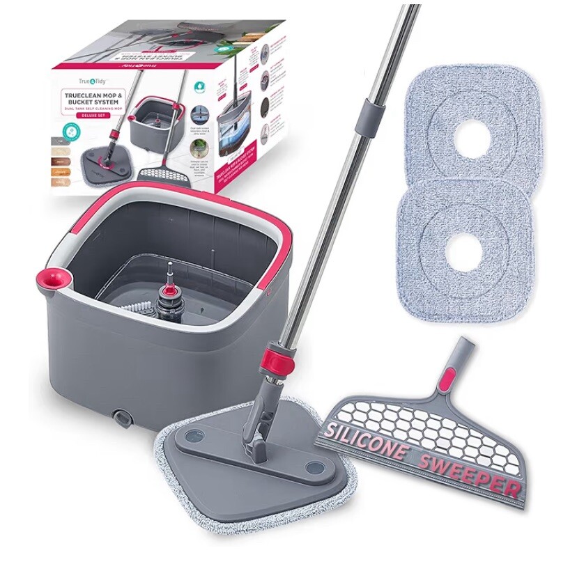 True & Tidy TrueClean Spin Mop & Bucket System with Silicone Sweeper
