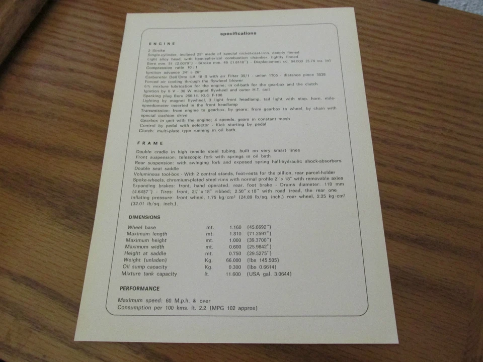 DUCATI CADET 100cc 1966 4 velocidades folleto especificaciones folleto Foto 2 de 2