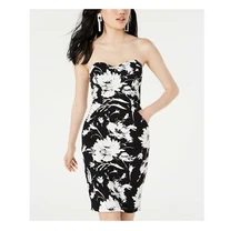 B Darlin Junior Women 13/14 Black White Floral Pocket Strapless Sheath Dress NWT