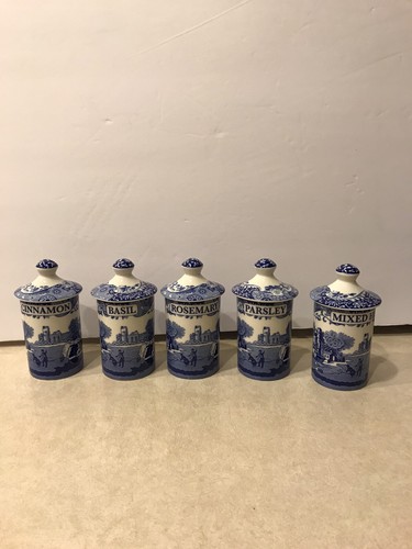 Juego de 5 frascos de especias italianos azules de Spode nuevos - Imagen 4 de 11