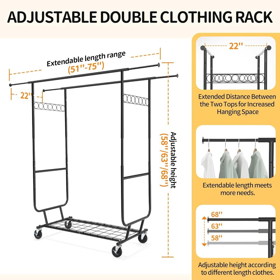 Heavy Duty Double Clothing Garment Rack Rolling Collapsible Clothing