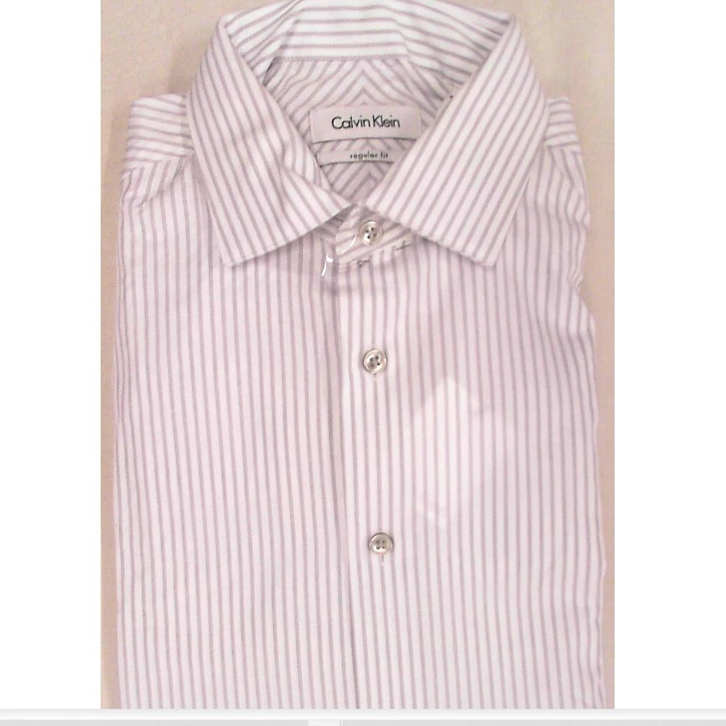 Calvin Klein Men Dress Shirt White Gray 14 1 2 32 33 Striped Regular Fit