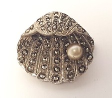 Antique 830 Silver Oyster Marcasite Faux Pearl Pin Small Trombone Clasp Signed