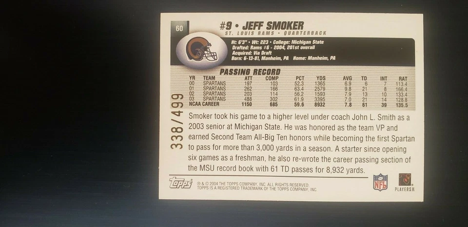 2004 Topps Signature Edition Jeff Smoker - RC # 60 - SERIAL 338/499 - NRMNT/MINT - Image 4 of 4