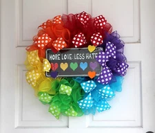 Rainbow Wreath, 22” Mesh Door Décor, Pride LGBTQ, More Love Less Hate