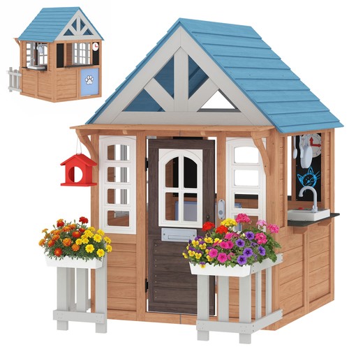 Qaba Outdoor Wooden Kids Playhouse Play Kitchen Doorbell Garden Toys, Brown