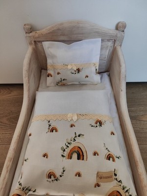 Regenbogen kleine Puppenbettwäsche f.Korbwagen PuppenwagenGarnitur Handmade Neu