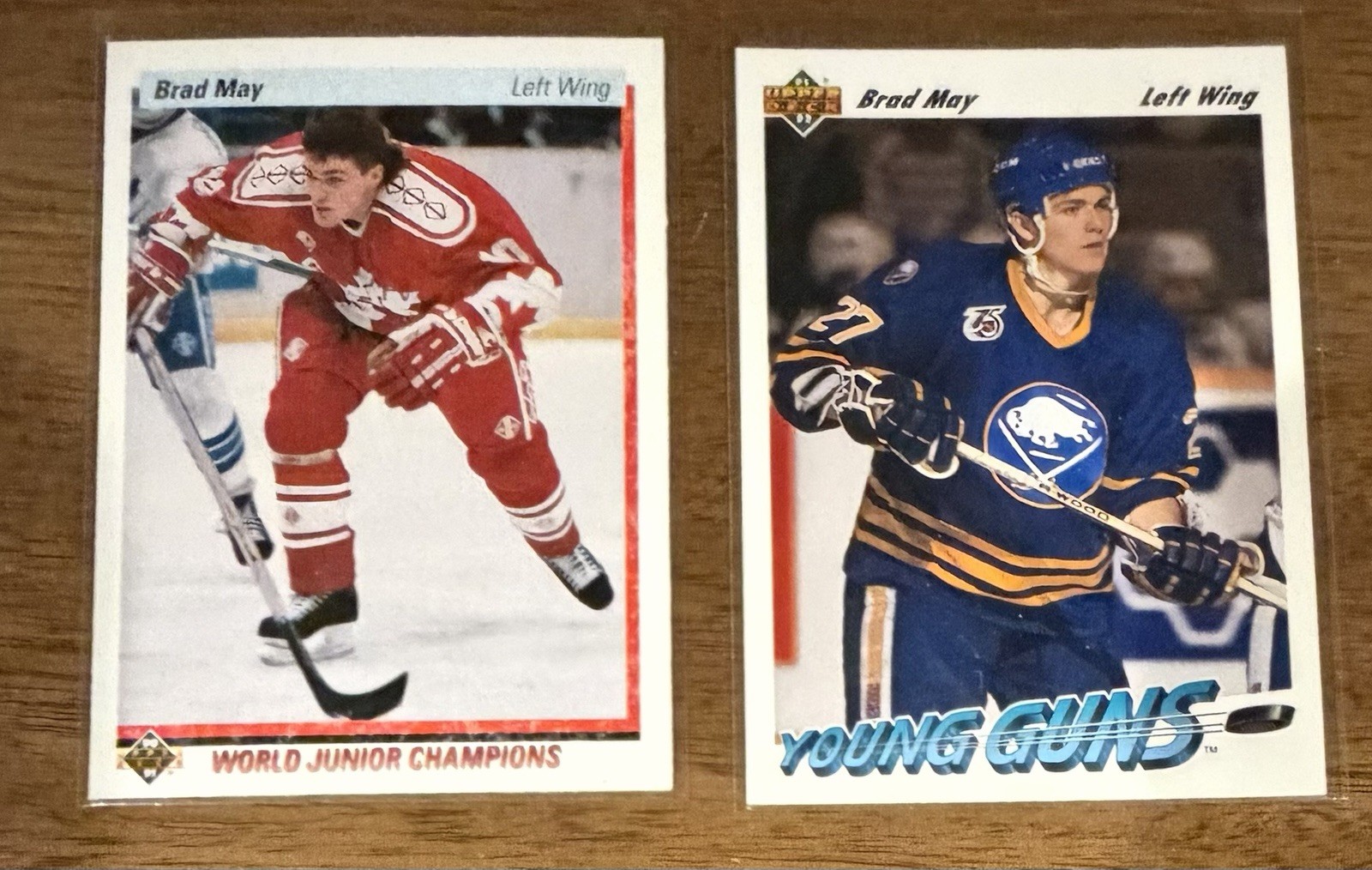 2 Card BRAD MAY 1990/91 Upper Deck & 91/92 Upper Deck YOUNG GUNS BUFFALO SABRES