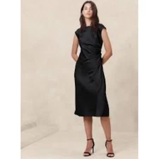 NWT Banana Republic Factory Black Satin Ruched Side Midi Sheath Dress Size 8
