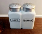 Vintage Hazel Atlas milk glass salt pepper shakers set tin lids Cottagecore