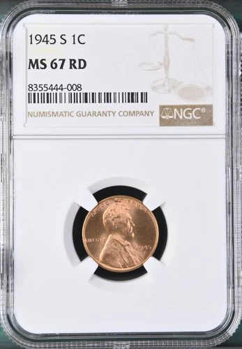 1945-S Lincoln Wheat Penny NGC Graded MS67 RD BU Uncirculated Coin 1C Penny
