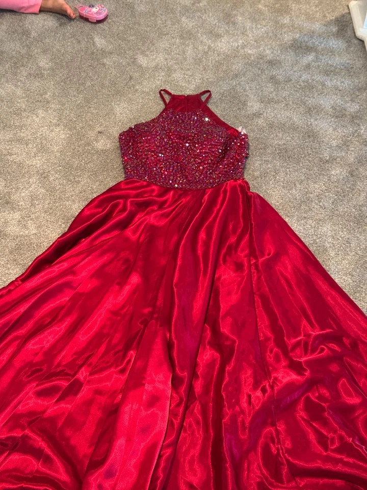 Sherri Hill Red Beaded Halter Satin Ball Gown Dress – Size 10 Formal Prom Dress - Image 4 of 4