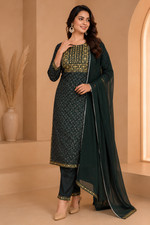 Embroidered Straight Kurta With Pant Dupatta, Indian Casual Wear Dress