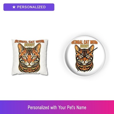 Custom Bengal Cat Mom Gift Set Pillow Clock Personalized Pet Name Bundle