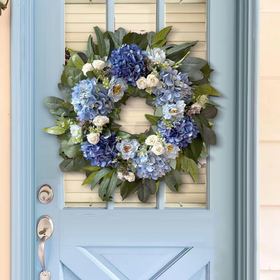 24-Inch Blue Hydrangea Wreath with Roses and Peonies for Indoor