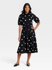 NWT a new day Black and White Polka Dot Midi Puff Sleeve Shirt Dress size Medium