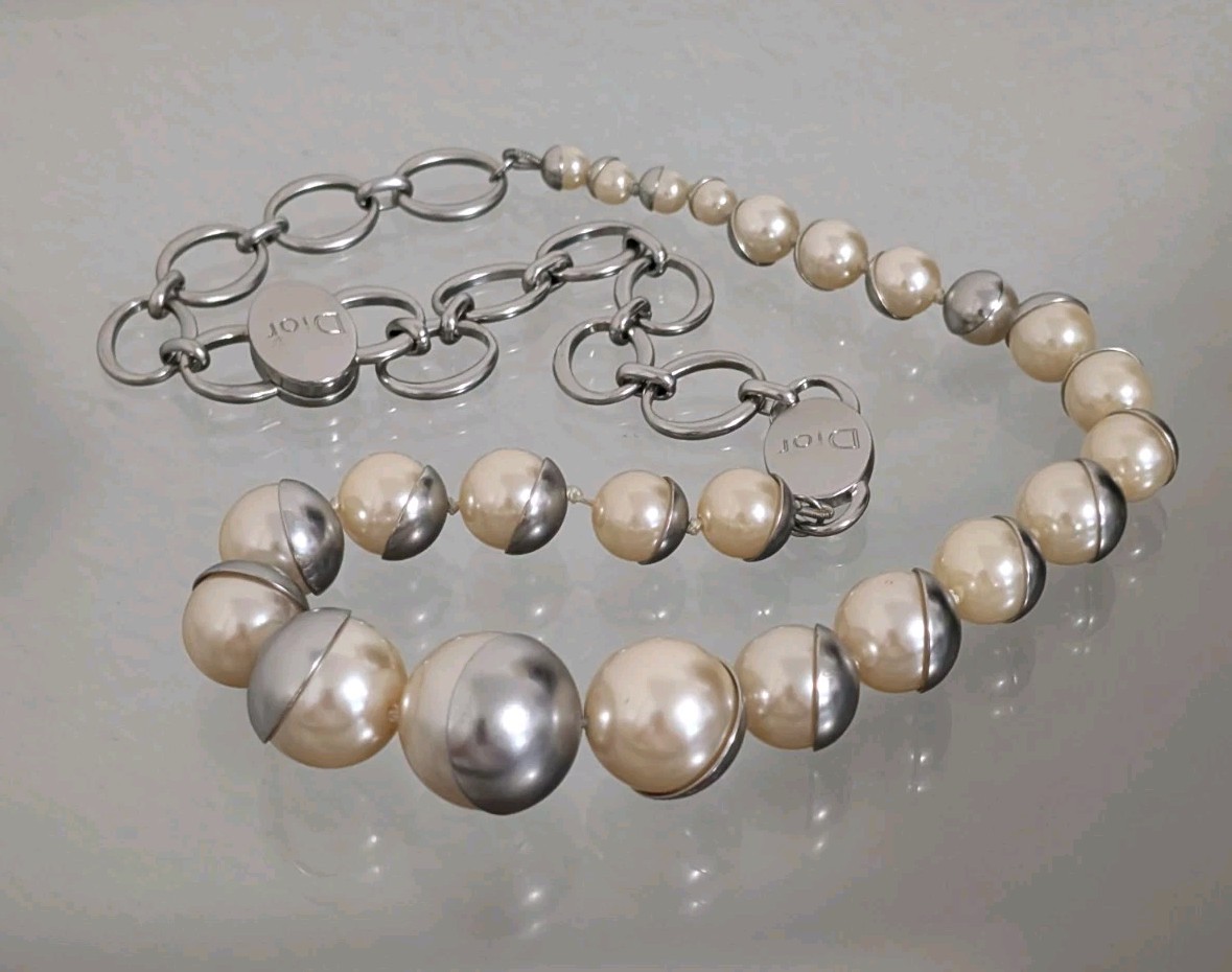 Vintage Christian Dior Chunky Faux Pearl Matte Silver Tone