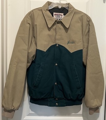Westark Western Bomber Jacket Mens Large Green Tan Canvas Quilt Lined Vintage
