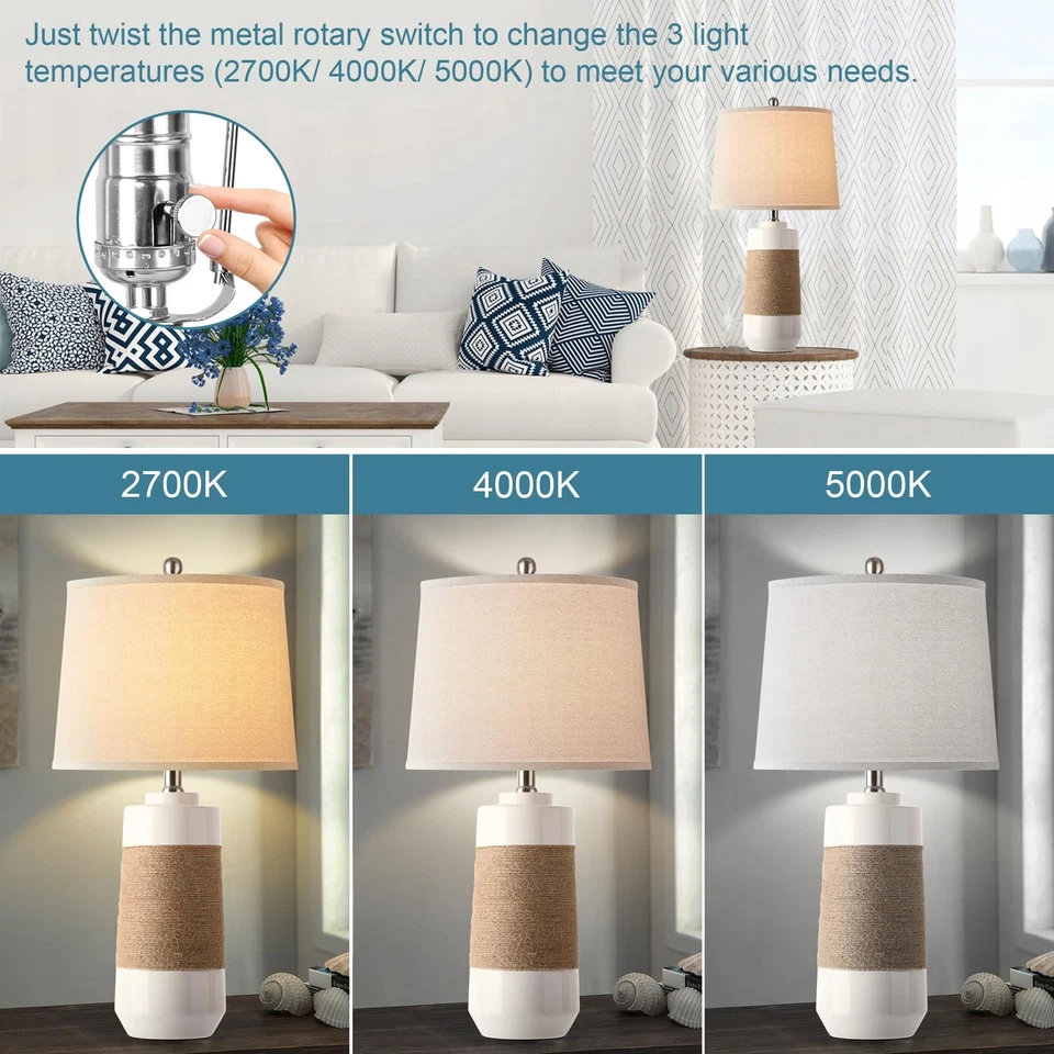 Abajures brancos boho de cerâmica com corda para sala de estar conjunto de 2 rattan náutico C... - Imagem 2 de 4