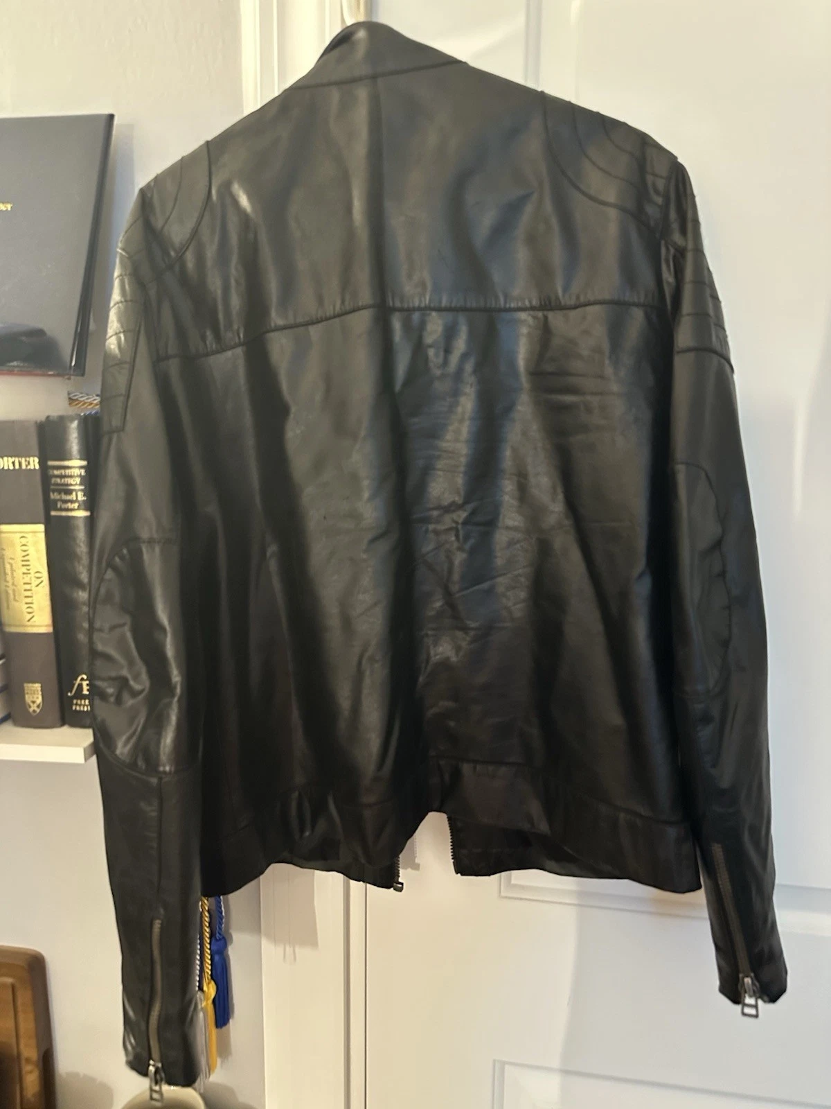 Men's Black High Quality Genuine Leather Biker Jacket Full Zip, Size L image 3