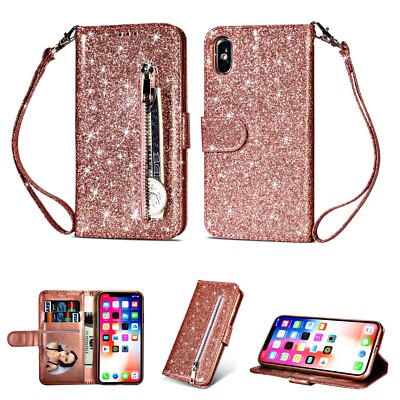 For iPhone 12/11 Pro Max XS XR 8 7 6 Bling Glitter Leather Wallet Zipper Case