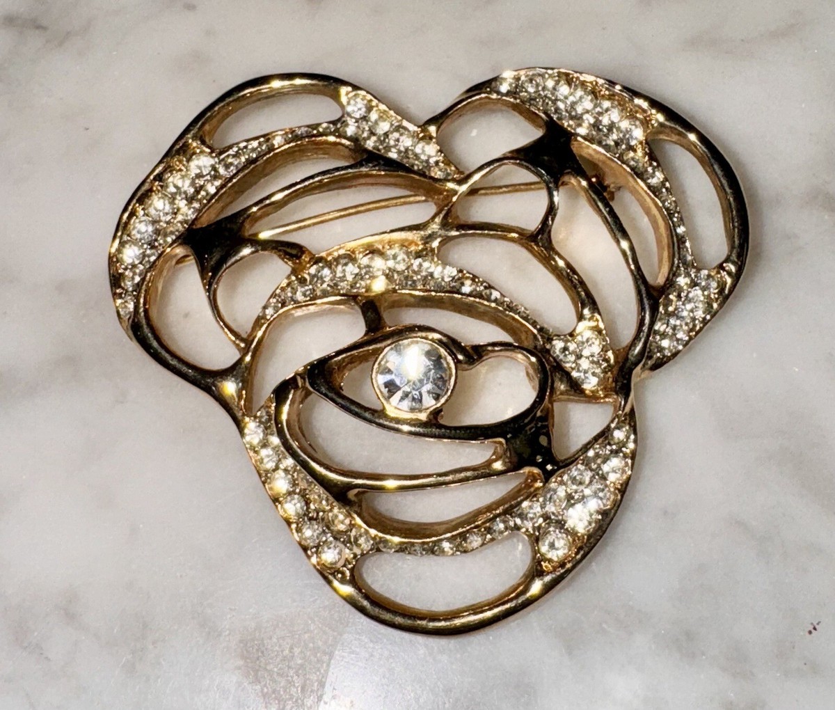 Vintage CRAFT Brand Flower Rhinestone Brooch Gold Tone