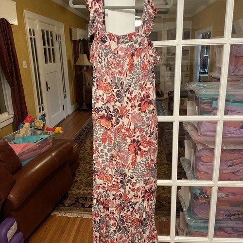 KNOX ROSE Pockets Floral PINK FLUTTER SLEEVE FLOUNCE HEM BOHO MIDI DRESS L