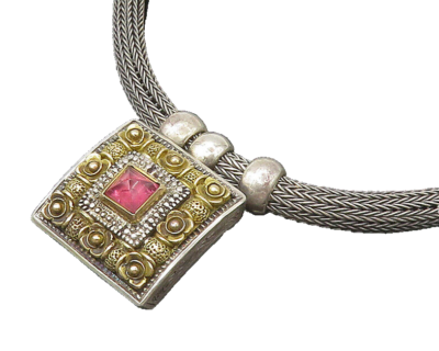 925 Silver & 18K GOLD Vintage Pink Topaz 2 Tone Wheat Chain