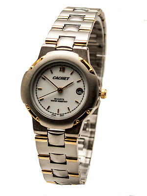 CACHET:WOMEN'S STAINLESS STEEL TWOTONE GOLD/SILVER FINISH BAND ANALOG DT. WATCH 