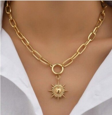ZARA 18K Gold plated Chunky link chain necklace sunburst sun burst pendant  sale UK