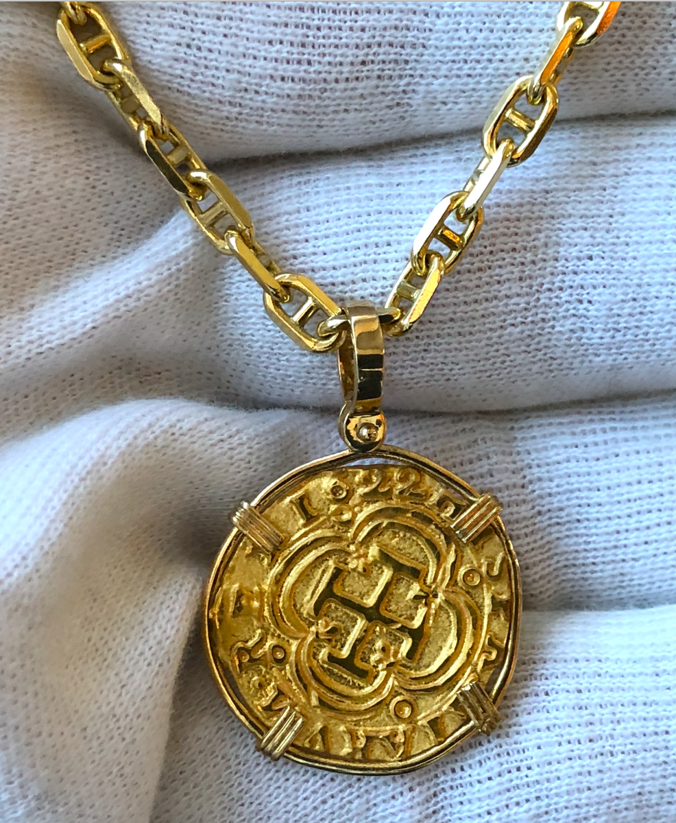 NECKLACE COLOMBIA ESCUDOS 1622 ATOCHA PENDANT REPO GOLD COIN