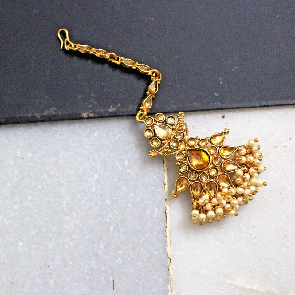 Conjunto de joyas étnicas para el cabello enchapado en oro regalo joyería tradicional Maang Tikka para mujeres Foto 3 de 4