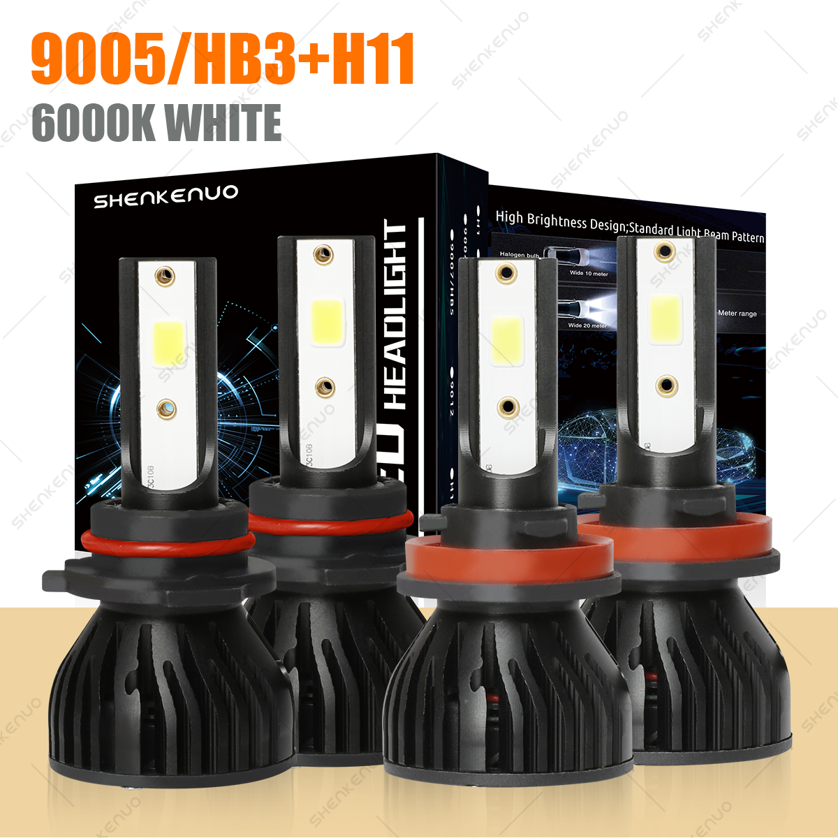 9005 H11 LED Headlight Bulbs 10000K Super Bright Cool White Kit