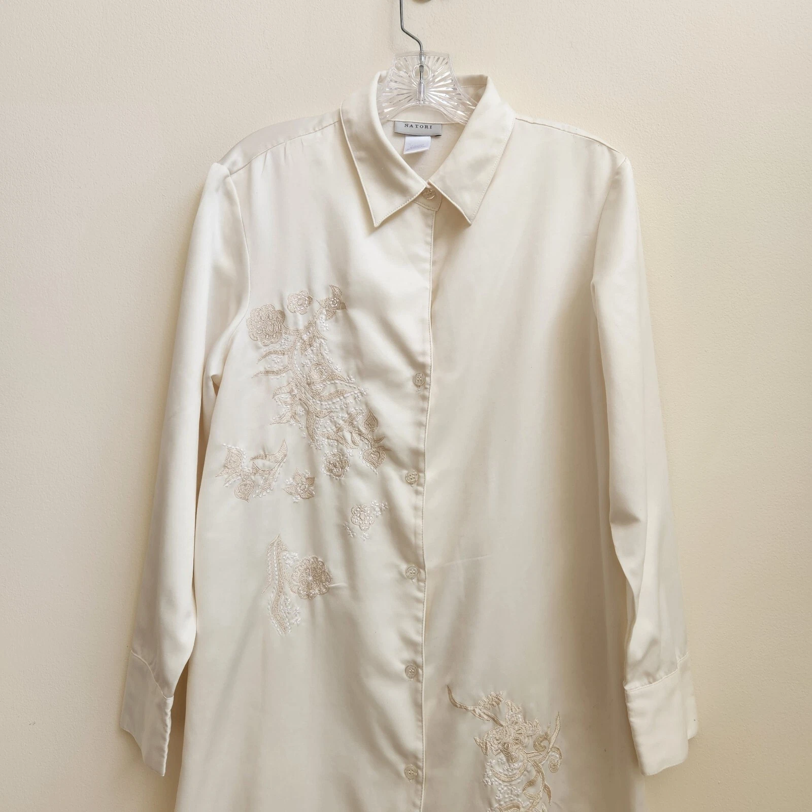 OFF WHITE Camicia da notte Natori donna S bianco sporco lunga raso ricamato floreale abito casa