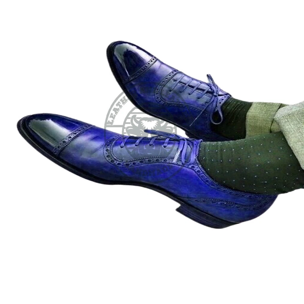 Classic Blue Quarter Brogue Premium Quality Balmoral Leather Men_s Shoes