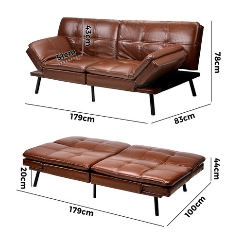 Oikiture Sofa Bed Futon Recliner Lounge Couch Convertible Leather 3-Seater Brown - Picture 10 of 10