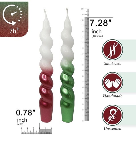 4 X Green & Red Taper Candlestick 7.28" Unscented Spiral Dinner Candle NEW - Picture 2 of 3