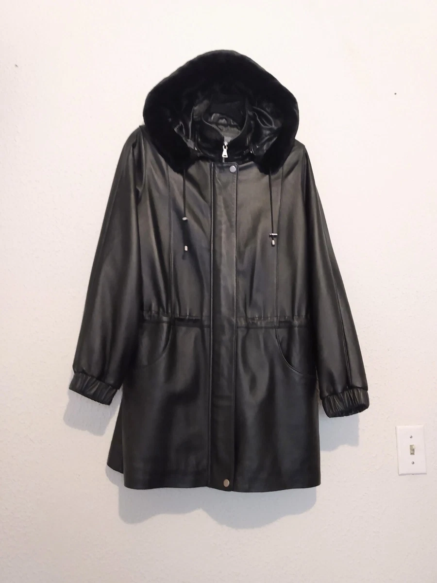 AR Bernardo Fashion Co. Black Genuine Leather Hood Zip Pockets Lined Coat size M